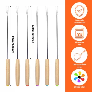 6 PCS 9.5'' Stainless Steel Fondue Forks with Wooden Handle, Color Coding Heat Resistant Fondue Sticks, Cheese Chocolate Fountain Forks for Roast Mar