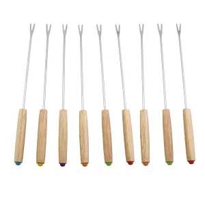MDXing 9pcs Stainless Steel Fondue Fork Oak Handle Cheese Fondue Stick Heat Resistant Handle Chocolate Fountain Fork