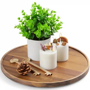 12 Inch Acacia Wood Round Tray, Wooden Decorative Serving Coffee Table Tray Centerpiece Candle Holder for Farmhouse Kitchen Dining Room Home Decor Co