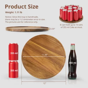 12 Inch Acacia Wood Round Tray, Wooden Decorative Serving Coffee Table Tray Centerpiece Candle Holder for Farmhouse Kitchen Dining Room Home Decor Co
