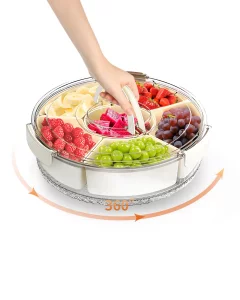 Divided Serving Tray with Lid and Handle, Round Rotating Snackle Box Container, 6-Compartment, for Fruits Candy Organizer, Portable Spinning Rounded 