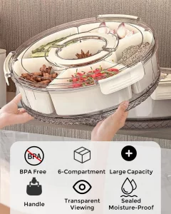 Divided Serving Tray with Lid and Handle, Round Rotating Snackle Box Container, 6-Compartment, for Fruits Candy Organizer, Portable Spinning Rounded 