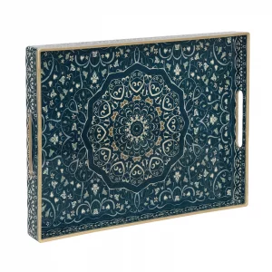 MAONAME Serving Tray with Handles, Plastic Rectangular Tray for Coffee Table, Dark Blue Boho Decorative Trays for Ottoman, Living Room, 15.8