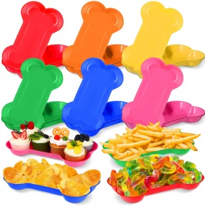 Nitial 60 Pcs Dog Bone Shaped Serving Trays, Plastic Dog Birthday Decorations Colorful Pet Patrol Plates Food Bowls Disposable Tableware Party Suppli