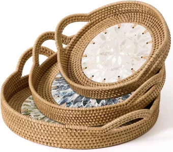 Round Rattan Tray Set (3-Piece) with Mother of Pearl Inlay & Wooden Base | Decorative Wicker Serving Basket | Storage for Coffee, Bread, Fruit | Tabl