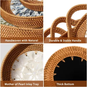 Round Rattan Tray Set (3-Piece) with Mother of Pearl Inlay & Wooden Base | Decorative Wicker Serving Basket | Storage for Coffee, Bread, Fruit | Tabl