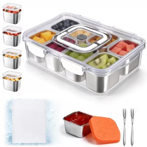 Qtencas Snackle Box Container with 8 Portable Removable Compartments, Ice Pack, Sauce Cup & Fork, Stainless Steel Divided Serving Tray with Lid and H
