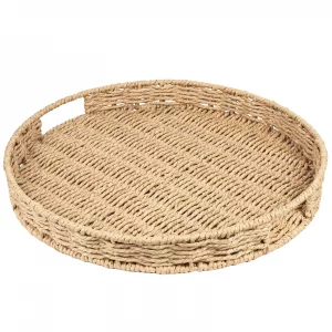 Round Ottoman Tray Large Wicker Serving Tray with Handles for Coffee Table, 16 Inch Handwoven Paper Rope Tray
