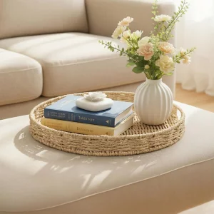 Round Ottoman Tray Large Wicker Serving Tray with Handles for Coffee Table, 16 Inch Handwoven Paper Rope Tray