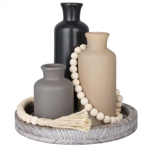 Tiangrid 5 Pcs Rustic Country Tabletop Centerpieces Decor Set of 3 Boho Ceramic Vases with Wooden Serving Tray Wood Bead Garland Tassels Table Holder