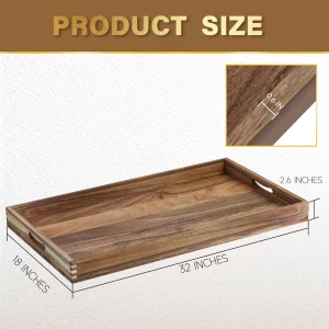 MAONAME Extra Large Ottoman Tray, 32 x 18 inches Wooden Serving Tray for with Handles, Acacia Wood Serving Platter Trays for Living Room, Breakfast