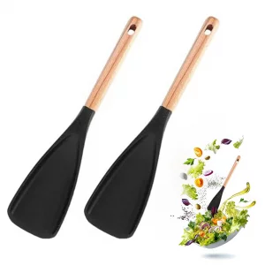 2Pcs Cedar and Ash Spoon, Multifunction Spatula Cooking Spoon, Heat Resistant Rubber Silicone Spatula Spoon with Wooden Handle, for Cooking, Serving,