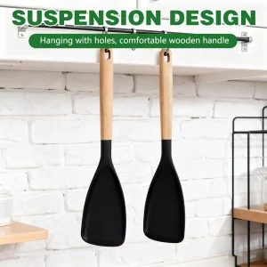 2Pcs Cedar and Ash Spoon, Multifunction Spatula Cooking Spoon, Heat Resistant Rubber Silicone Spatula Spoon with Wooden Handle, for Cooking, Serving,