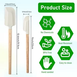 Ptwola 2 Pcs Wooden Handle Spatula Set White Silicone Spatulas Small Scraper Rubber Kitchen Utensil for Chefs Professional Baking Cooking Mixing Jar 