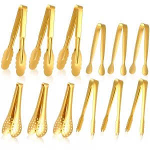 12 Pcs Gold Tongs for Serving Food Stainless Steel Small Gold Serving Tongs for Appetizer Tea Party Coffee Bar Food Ice Salad Barbecue Cookies Sugar,