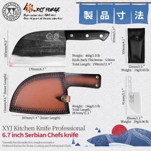 XYJ Authentic Since 1986,Outstanding Ancient Forging,6.7 Inch Full Tang,Serbian Chefs knife,Chef Meat Cleaver,Kitchen Knives,Set with Leather Sheath,