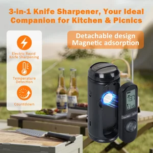 3-in-1 Cordless Electric Knife Sharpener & Digital Meat Thermometer Timer Combo, 2-Stage Professional Sharpener (400/800#), Type-C Rechargeable, Port