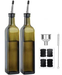 TFPOGOLD 2-Pack Olive Oil Dispenser Bottle Set - 17oz/500ml Dark Green Glass Oil and Vinegar Bottles for Kitchen, Includes 2 Stainless Steel Pourers,