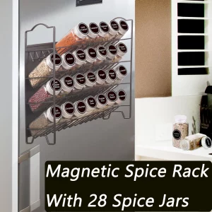SWOMMOLY Magnetic Spice Rack Organizer with 28 Glass Spice Jars, 396 Spice Labels with Chalk Marker and Funnel Set for Refrigerator, Metal Fridge, Mi