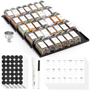 MIUKAA Spice Drawer Organizer with 34 Spice Jars, 378 Spice Labels, 5 Tier - 5 Pack Metal Spice Rack Tray for Drawer/Countertop, 13.7