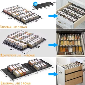 MIUKAA Spice Drawer Organizer with 34 Spice Jars, 378 Spice Labels, 5 Tier - 5 Pack Metal Spice Rack Tray for Drawer/Countertop, 13.7