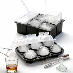 Zozotiny Large Square Ice Molds with Sealed Lid & Clamp, Silicone Ice Cube Trays (Set of 2) - 6pcs Big Square & 6 pcs Ball Ice Maker for Whiskey, Coc