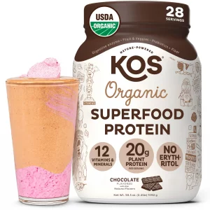 KOS Vegan Protein Powder Erythritol Free Chocolate Organic Pea Protein Blend Plant Based Superfood Rich in Vitamins Minerals Keto Dairy Free