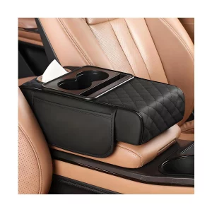 TNAIYH Car Armrest Cushion, 5-in-1 Nappa Leather Vehicle Centre Console Cover with 2 Storage Pockets, Cup Phone & Phone Holder, Multifunctional Auto 