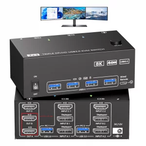 KVM Switch 3 Monitors 2 Computers 8K@30Hz/4K@60Hz, HDMI KVM Switches for 2 PC Sharing Triple Monitor and Keyboard Mouse with Power Adapter